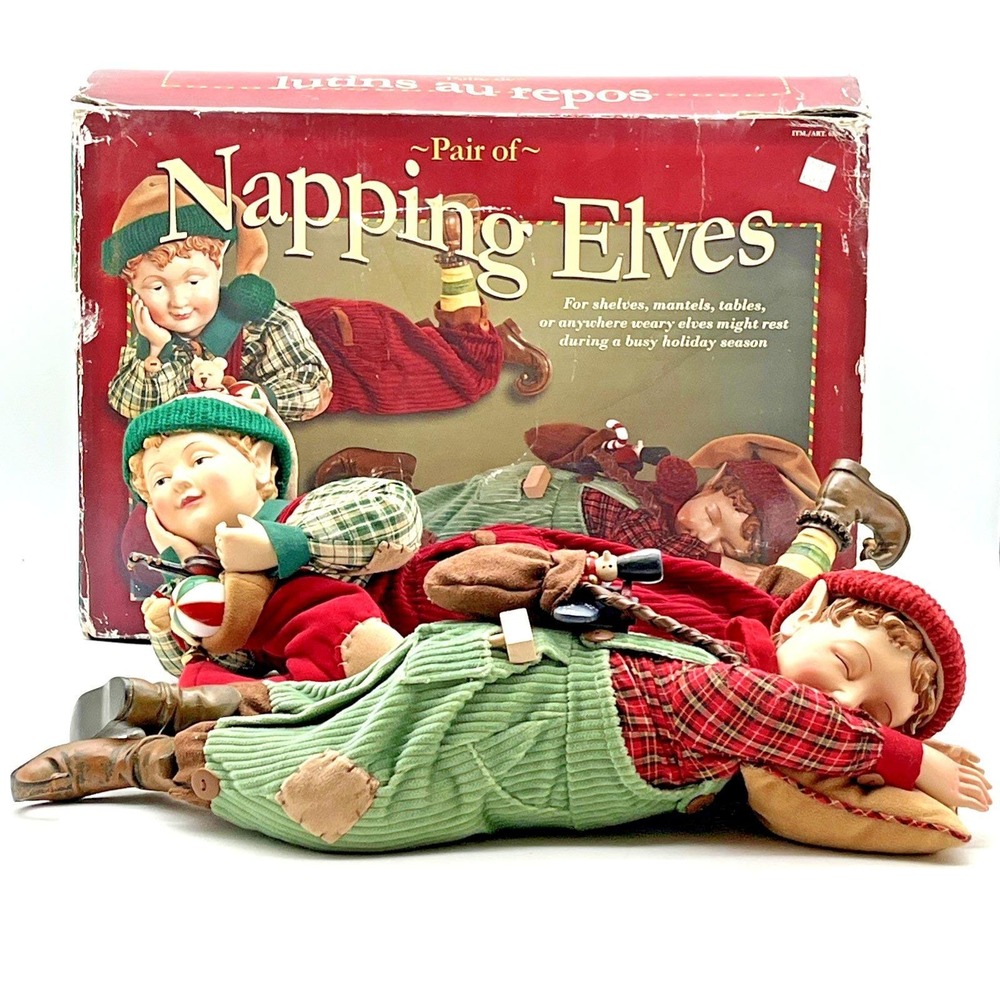 Vintage Christmas Elf Figurines Pair Napping Elves Lutins au Repos w/ Box